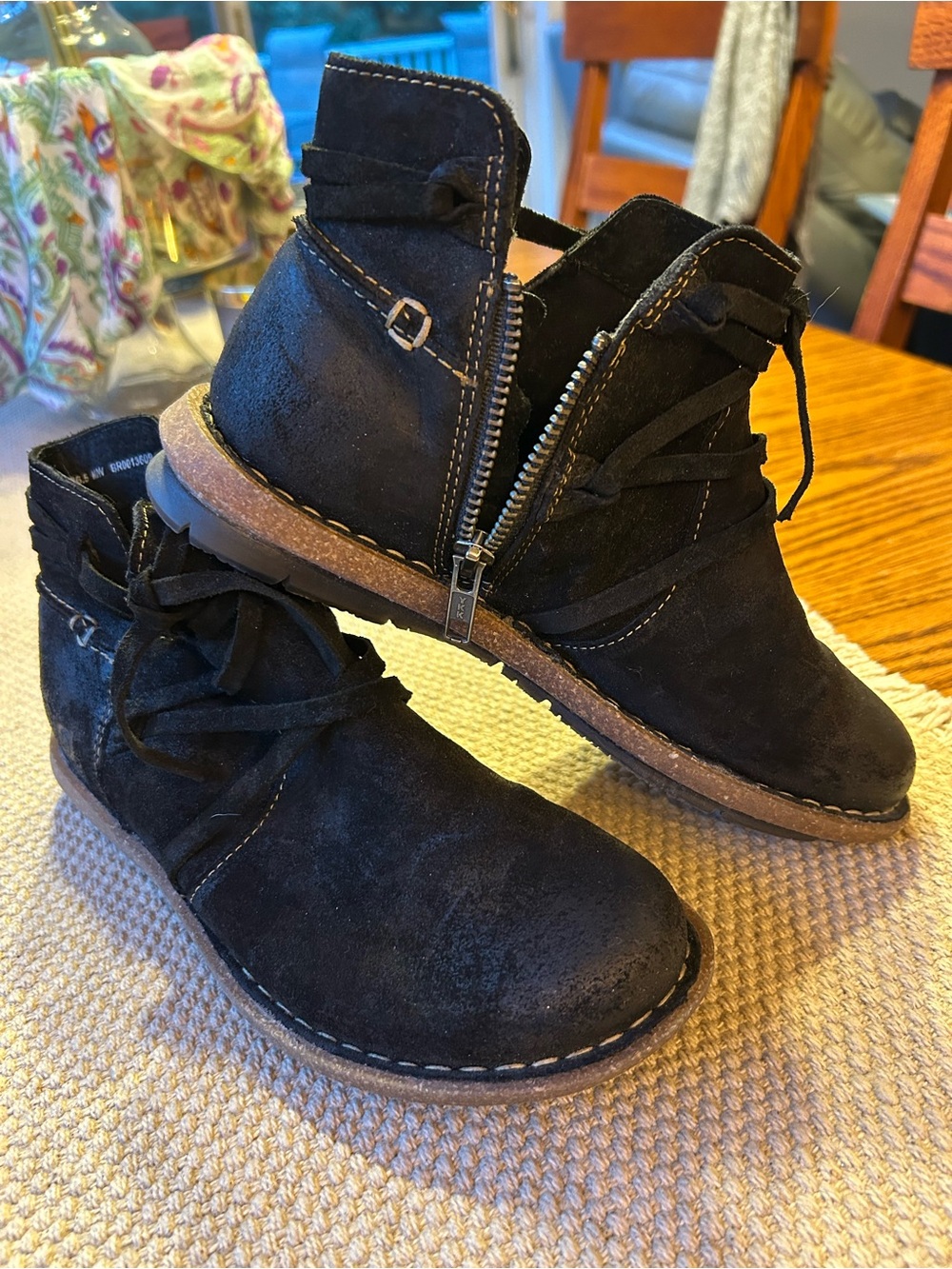 Born Black Suede Ankle Boots with Side Zip and Lace Detail